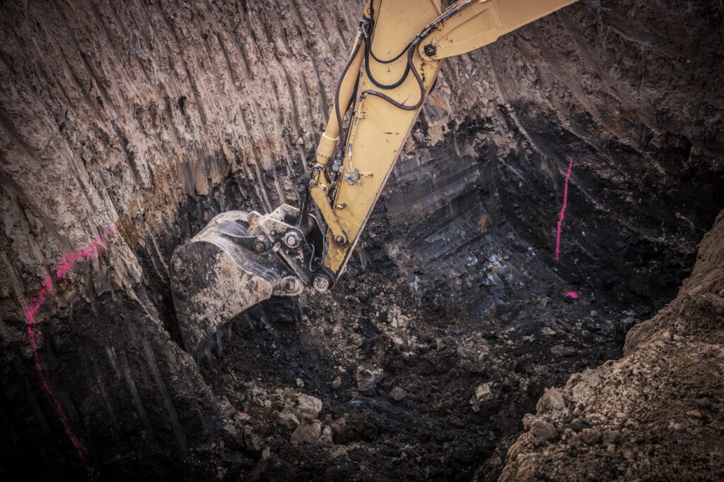An excavation hole of soil being dug with an excavator arm